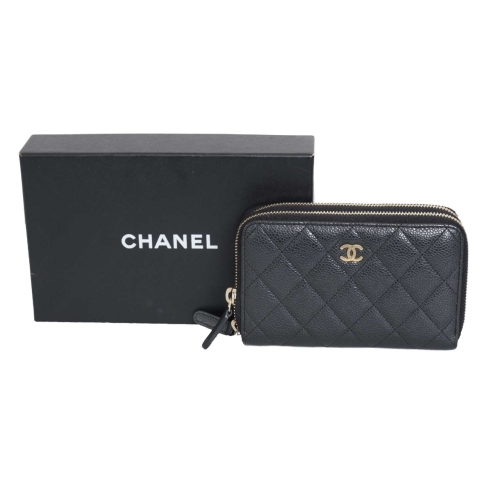 Chanel Zip Coin Purse Quilted Caviar Gold-tone Black