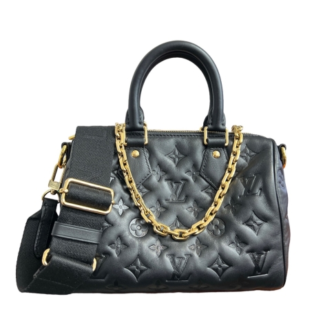 Louis Vuitton Speedy Bandouliere 22 Black Handbag Gold Chain &