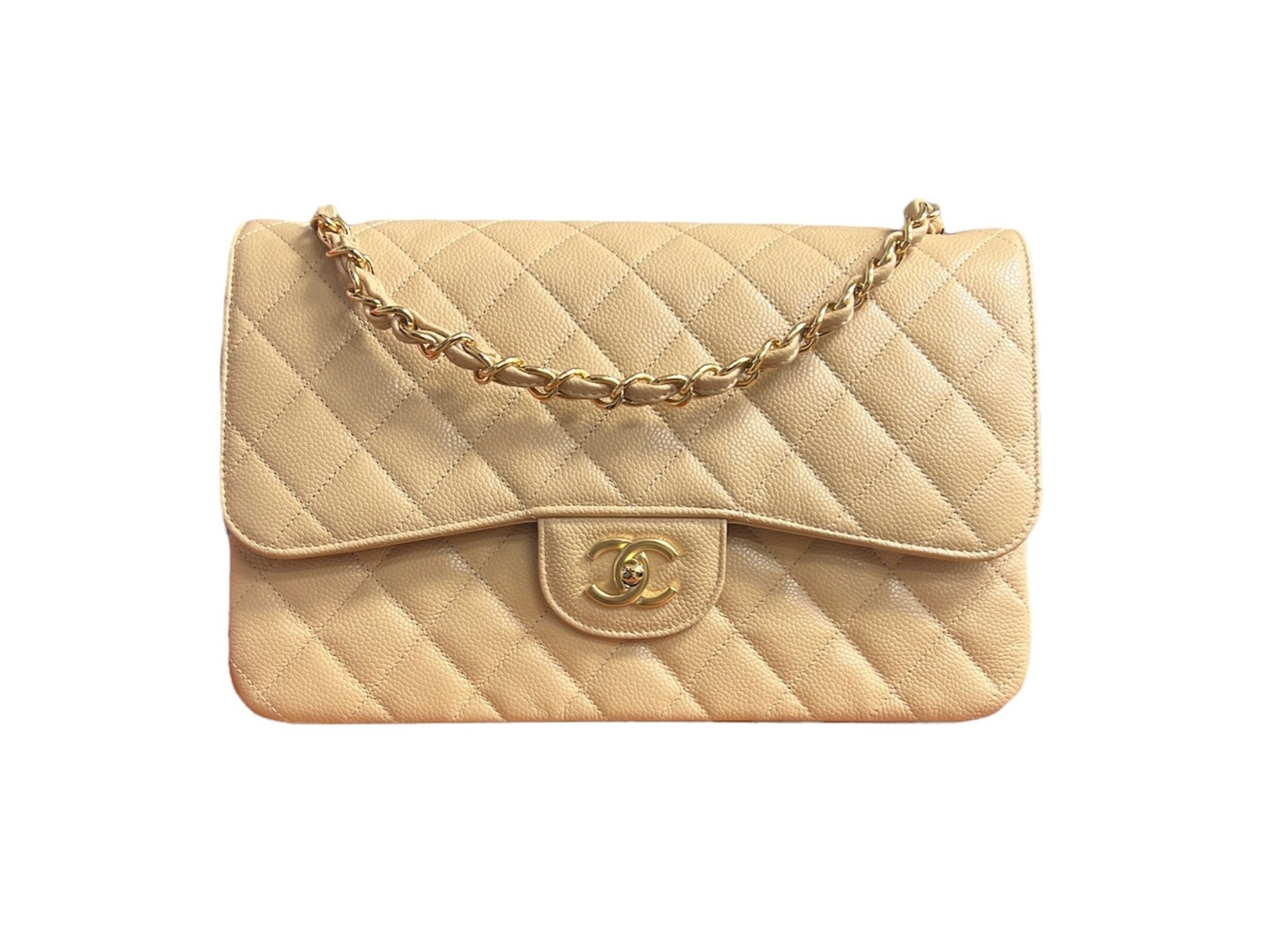 Chanel Beige Quilted Caviar New Classic Double Flap Jumbo Q6BAQP0FI4049