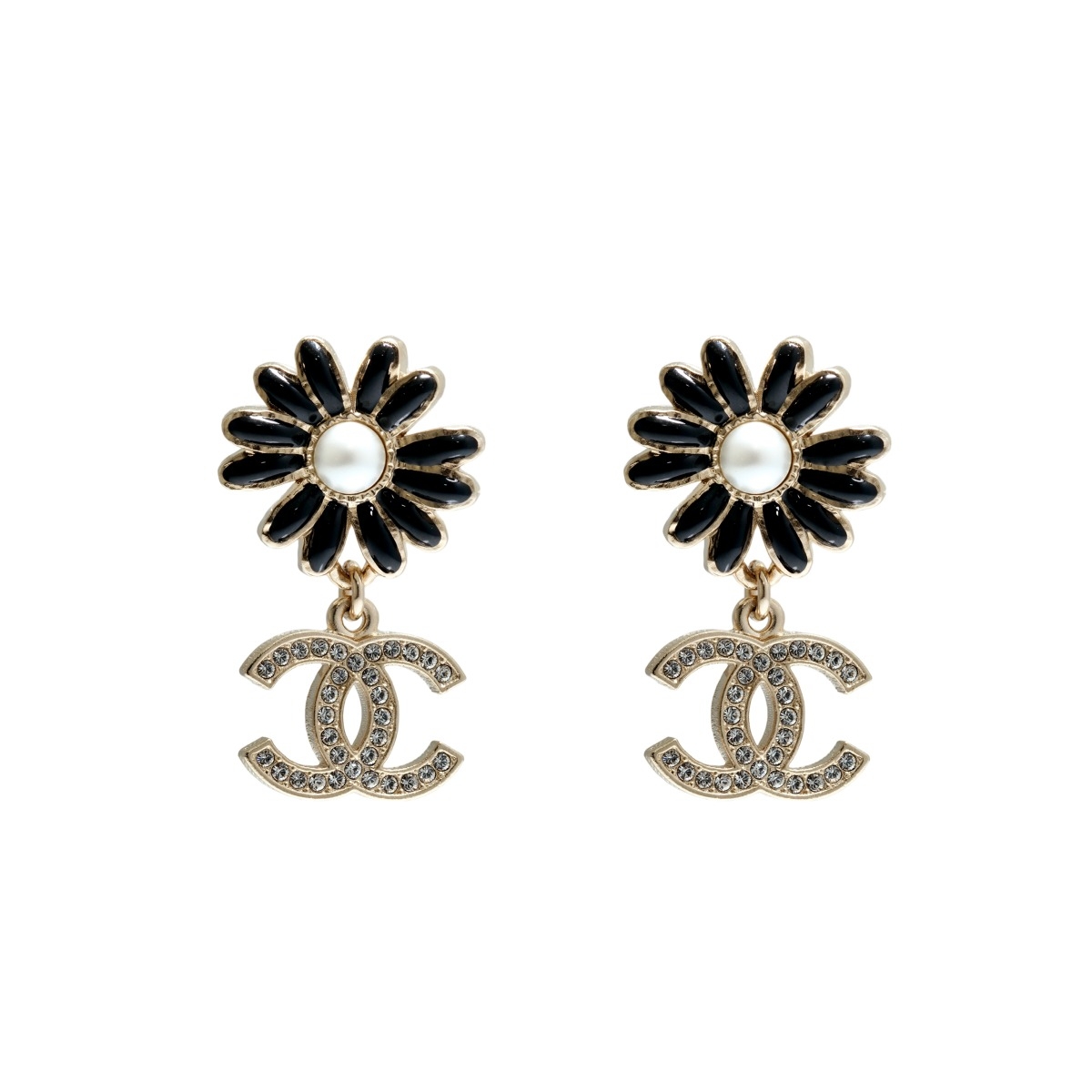 CHANEL CC Stud Earrings Silver Metal Black  Crystal PreFall 2014   Chelsea Vintage Couture