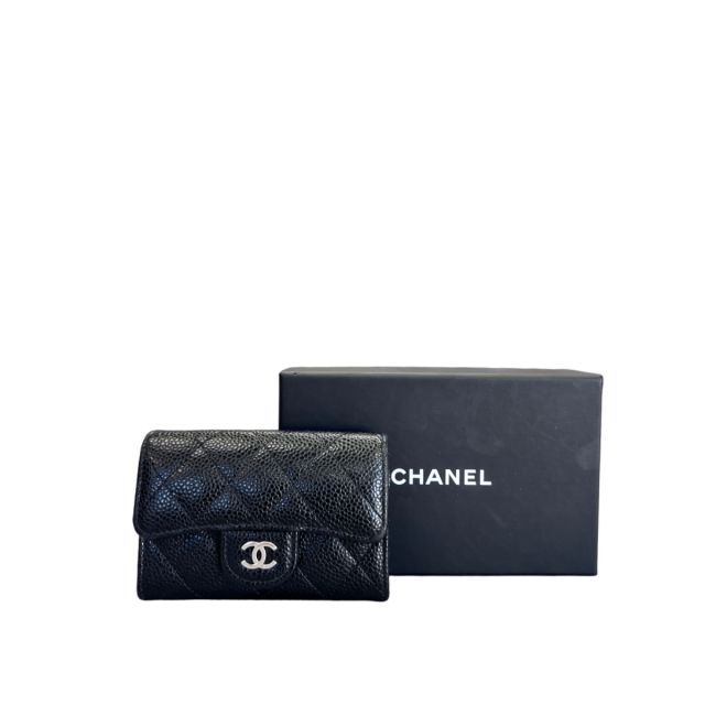 Chanel  Black Caviar Quilted Flap Card Holder Black