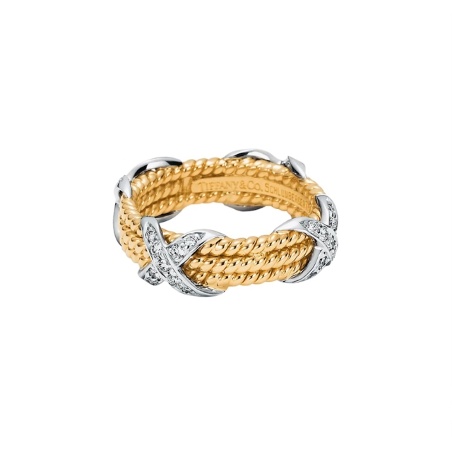 Tiffany & Co 18K Yellow Gold & Platinum Diamond Vintage Schlumberger X 3 Row Rope Ring