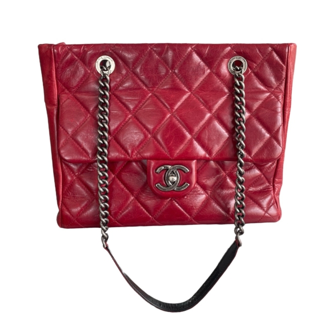 Chanel Deep Red Glazed  Quilted Calfskin Duo Shop Tote