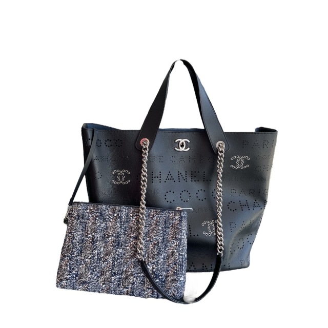 Chanel Black Calfskin CC Eyelets Shopping Tote w/ Tweed Pouch