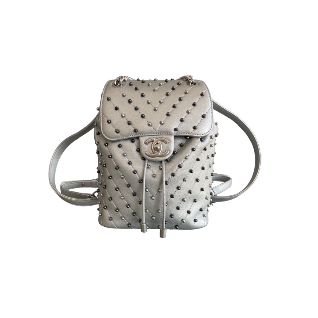 Chanel Metallic Silver Chevron Lambskin Stud Wars Backpack