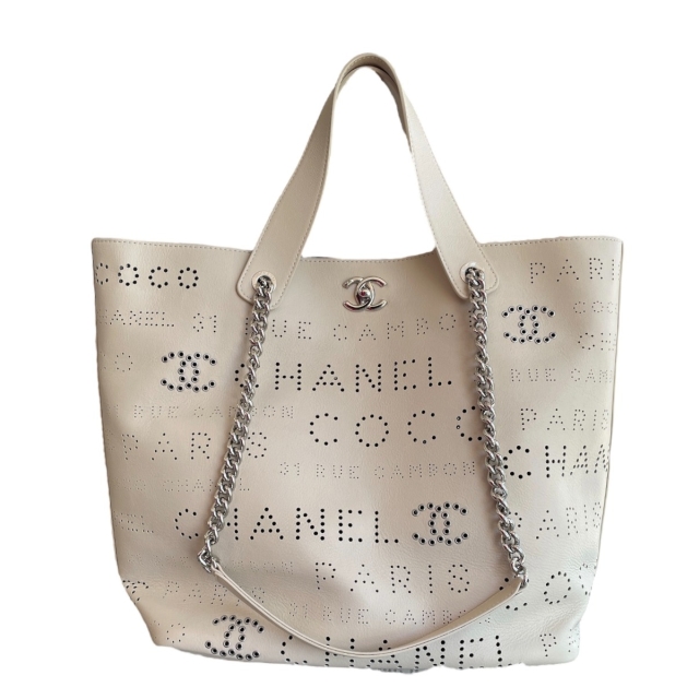 Chanel Beige Calfskin CC Eyelets Shopping Tote