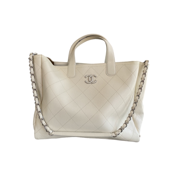 Chanel White Caviar Stitched Large Shopping Tote