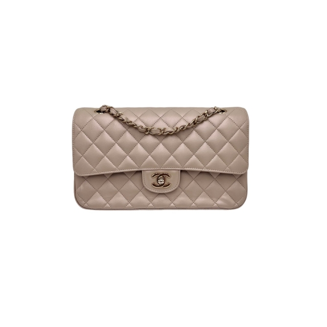 Chanel Iridescent Beige Lambskin Classic Medium Double Flap Shoulder Bag