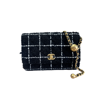 Chanel 23K Pearl Crush Wallet On Chain Wool Tweed Black Gold-Tone Metal